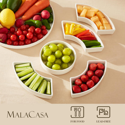 MALACASA Porcelain Divided Serving Dishes, Appetizers Tray, Serving Tray for Party - Perfect for Chips and Dip, Fruit, Veggies, Candy and Snacks, Divided Serving Platter, Relish Tray, White