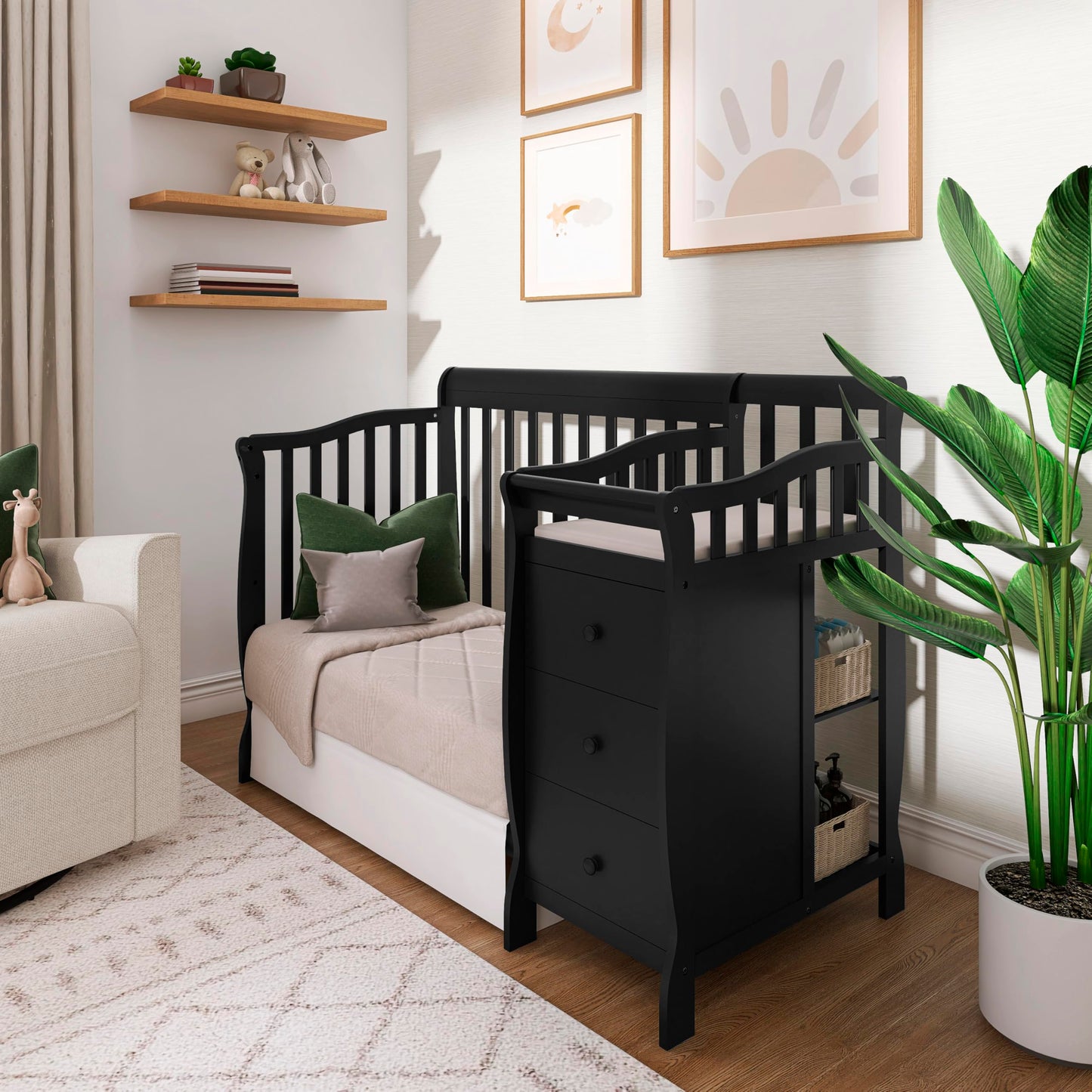 Dream On Me Jayden 4‑in‑1 Mini Convertible Baby Crib & Changer with Storage in Black, Pinewood, GreenGuard Gold & BSA, 1” Mattress Pad, 3 Mattress Heights, Converts to Mini Day & Twin-Size Bed