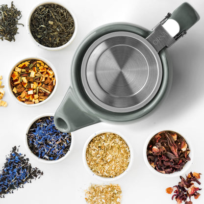 ORNA Ceramic Teapot with Tea Infuser – Small Tea Pot for Loose Leaf Tea – 550ml / 18.6 Oz Porcelain Non-Stove Teapot for 2 Cups with Tea Strainer (Grey)
