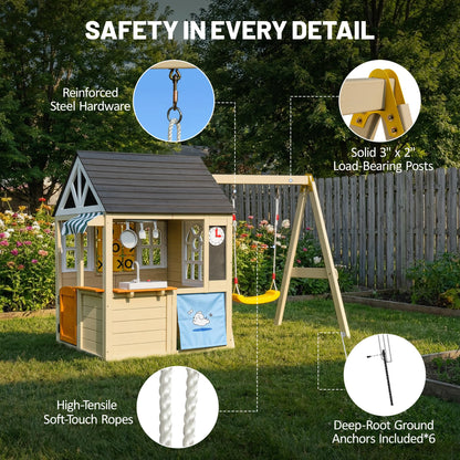 Aivello Cedar Wooden Playhouse with Swing Set for Kids, 2-in-1 Outdoor Backyard Playset with Tic-Tac-Toe Game, Play Kitchen, Pet Door & Doorbell, Space-Saving Kids Playhouse for Ages 3-8