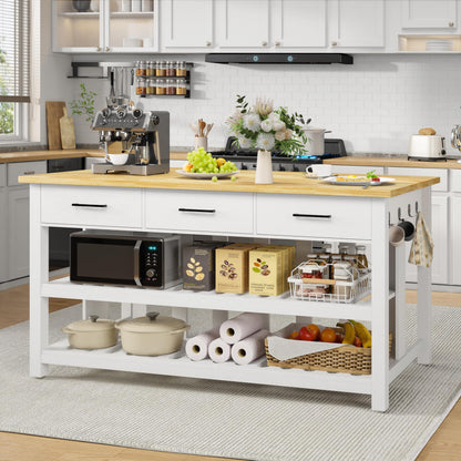 DynJest 60" Solid Rubberwood Kitchen Island with Power Outlets - Extra Large Work Surface, 3 Drawers & 2 Open Shelves Storage Cabinet for Kitchen Dining Room, Farmhouse Style (White)