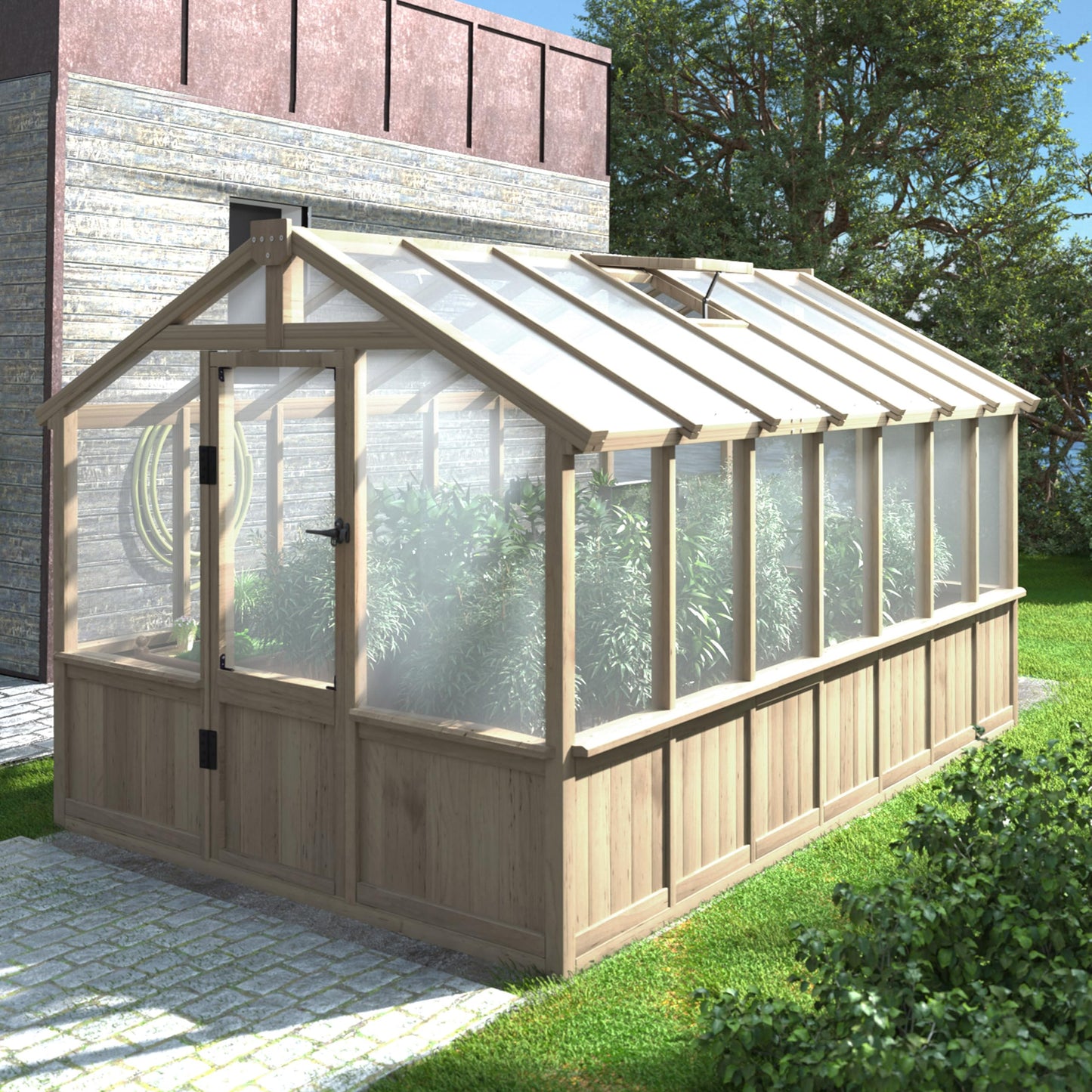 Yardenaler 8x14 FT Outdoor Greenhouse Kit, Wooden Greenhouses for Outdoors Walk-in Green House with 6MM Thick Polycarbonate Panel & Adjustable Roof Vents, Backyard Garden, Light Mocha Brown