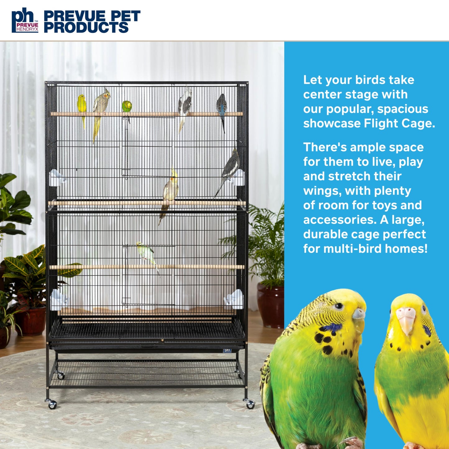 Prevue Hendryx Pet Products Wrought Iron Flight Cage - Big Rolling Bird Cage for Parakeets, Cockatiels, Conures, Lovebirds, Canaries, Finches, Parrotlets, & Caiques, 5 Ft - X-Large, Hammertone Black