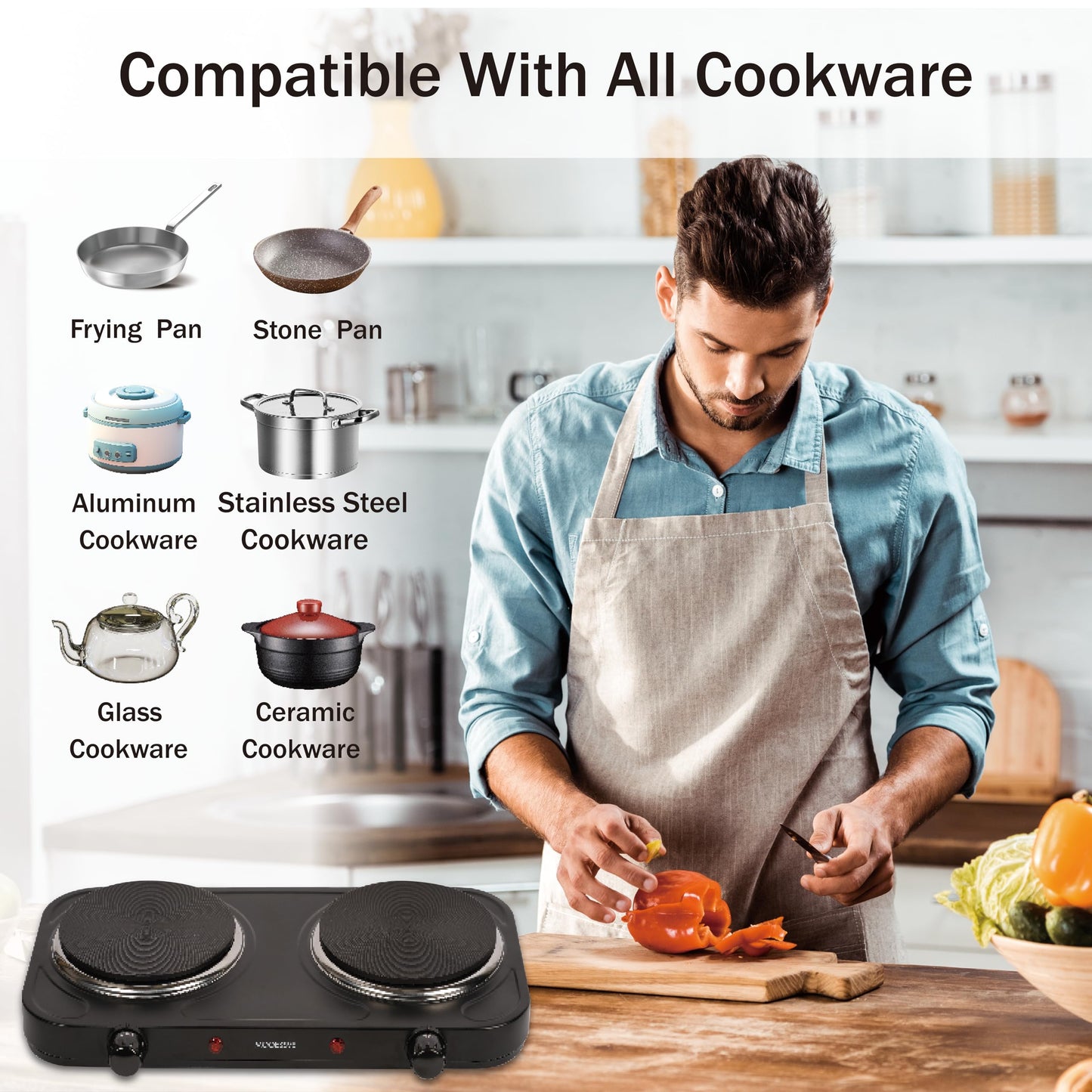 MIOAOTCE Countertop Double Cast Iron Burner 1800 Watts Electric Hot Plate with Adjustable Temperature 6.1" Cooktop for Dorm, Office, Home, Camp, Compatible for All Cookwares