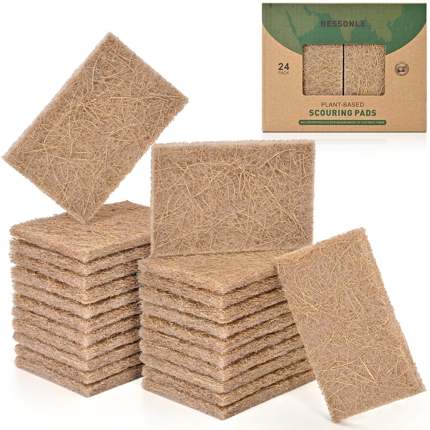 BESSONLE 24 Pack Natural Scouring Pads - Heavy Duty Scrubbing Pads for Dishes - Non-Scratch - Reusable - Natural, Eco-Friendly, Biodegradable Sisal Fibers Sponges for Dishes, Compostable