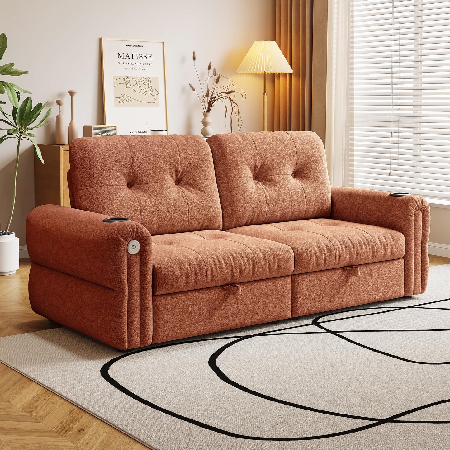 KEIKI 3 in 1 Sleeper Sofa Bed, 80.4" Pull Out Couch, Loveseat Sofa Futon Bed with USB Port for Living Room, Bedroom, Apartment, Orange