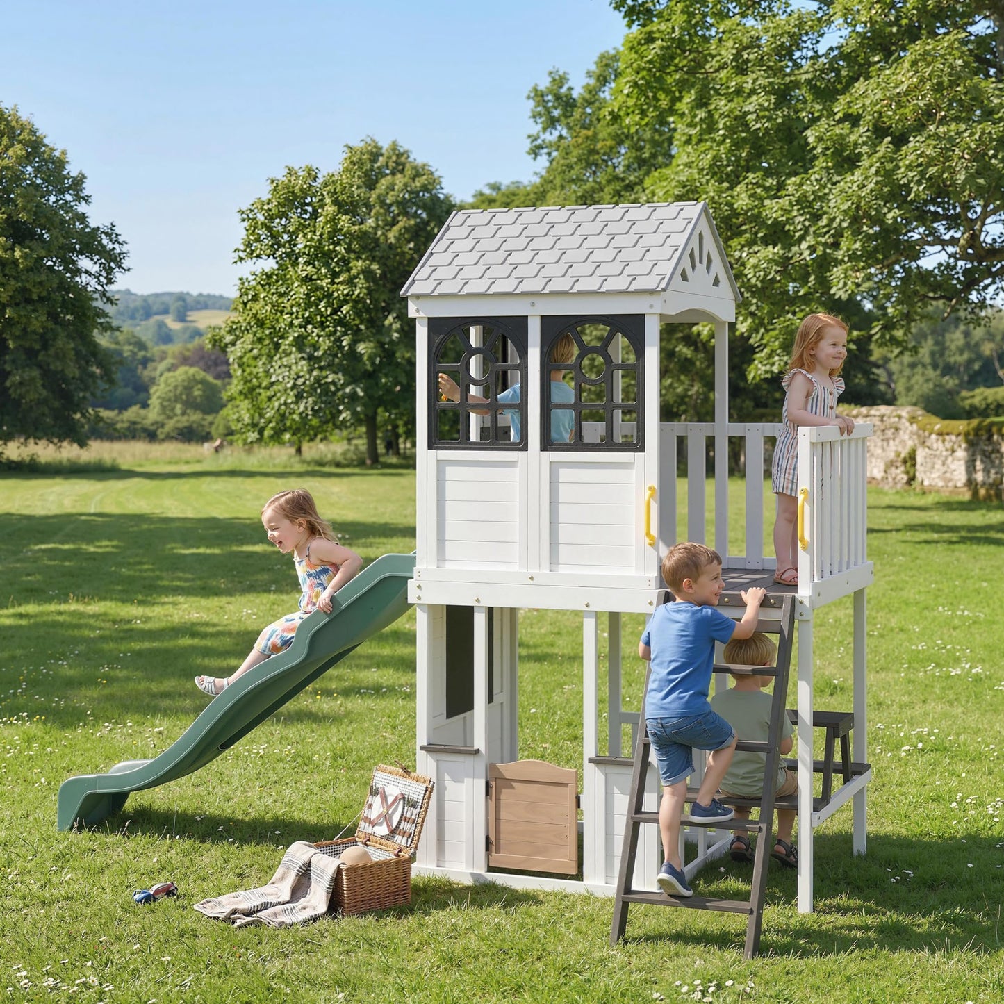 Qaba Two-Story Outdoor Wooden Playhouse for Kids with Slide, Picnic Table & Bench, Play Kitchen, Ladder, Lookout Platform for Age 2+ Backyard Play, White