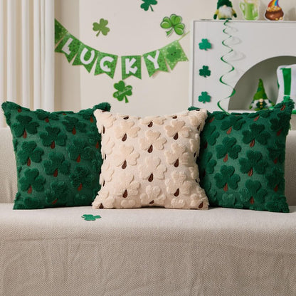 WKJZH St Patricks Day Pillow Covers 18x18 Inch Set of 2 Green Shamrock Brown Petioles Decorative Soft Plush Faux Wool Throw Pillows for Couch Sofa Bedroom Holiday Home Decor MRD03A45