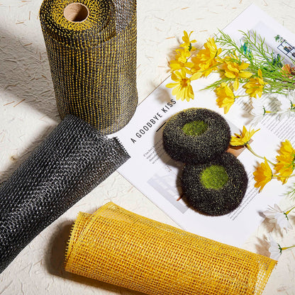 Yuxung 10 Pcs Poly Burlap Mesh 10 Inch and Disc Florets of Sunflower Center Set Wreath, Includes 5 Roll Black Yellow Mesh and 5 Pcs Foam Sunflower Head for DIY Bee Wreath Decoration Party Supplies