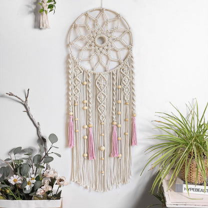 LB Boho Pink Macrame Wall Hanging Flower Dream Catcher Handmade Woven Cotton Tapestry with Wood beads Modern Aesthetic Wall Art Decor for Home, Bedroom, Living Room