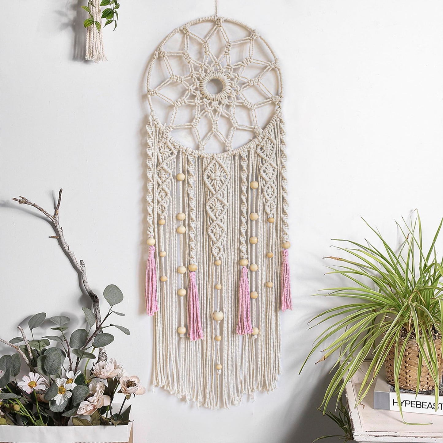 LB Boho Pink Macrame Wall Hanging Flower Dream Catcher Handmade Woven Cotton Tapestry with Wood beads Modern Aesthetic Wall Art Decor for Home, Bedroom, Living Room