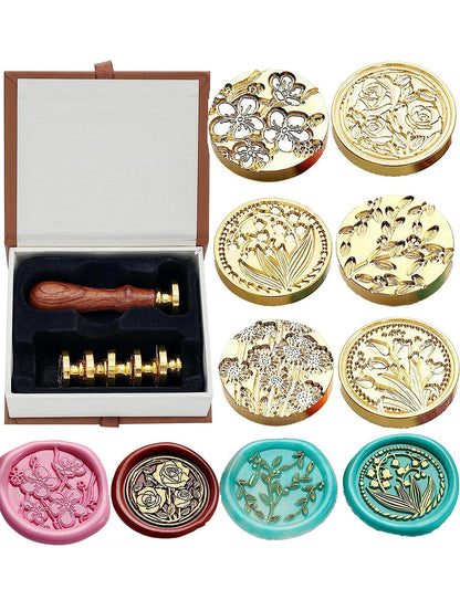 JUPPE 6pcs Flower Wax Seal Set, Cherry Blossom Rose Bell Orchid Branches Tulip Various Flowers Sealing Wax Stamps for Wedding Invitation Birthday Party
