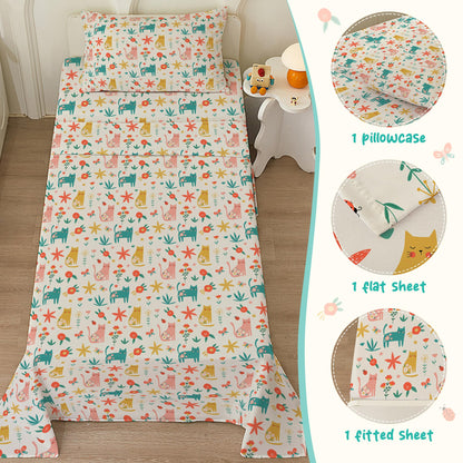 Bedmoon Girls Twin Sheets, Kids Green Cat Kitty Cute Animal Soft Microfiber Twin Sheets & Pillowcases with Corner Straps