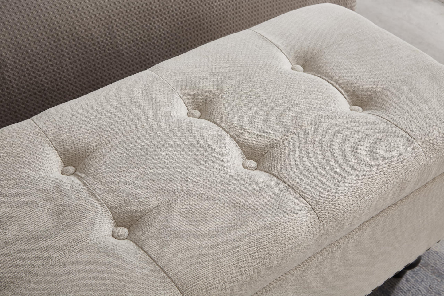 GDFStudio 59" Mid-Century Modern Rectangle Storage Ottoman Bench, Button Tufted Lift-Top Linen Ottoman Foot Rest with Solid Legs and Nailhead Trim, Upholstered Oversized Pouf for Living Room, Beige