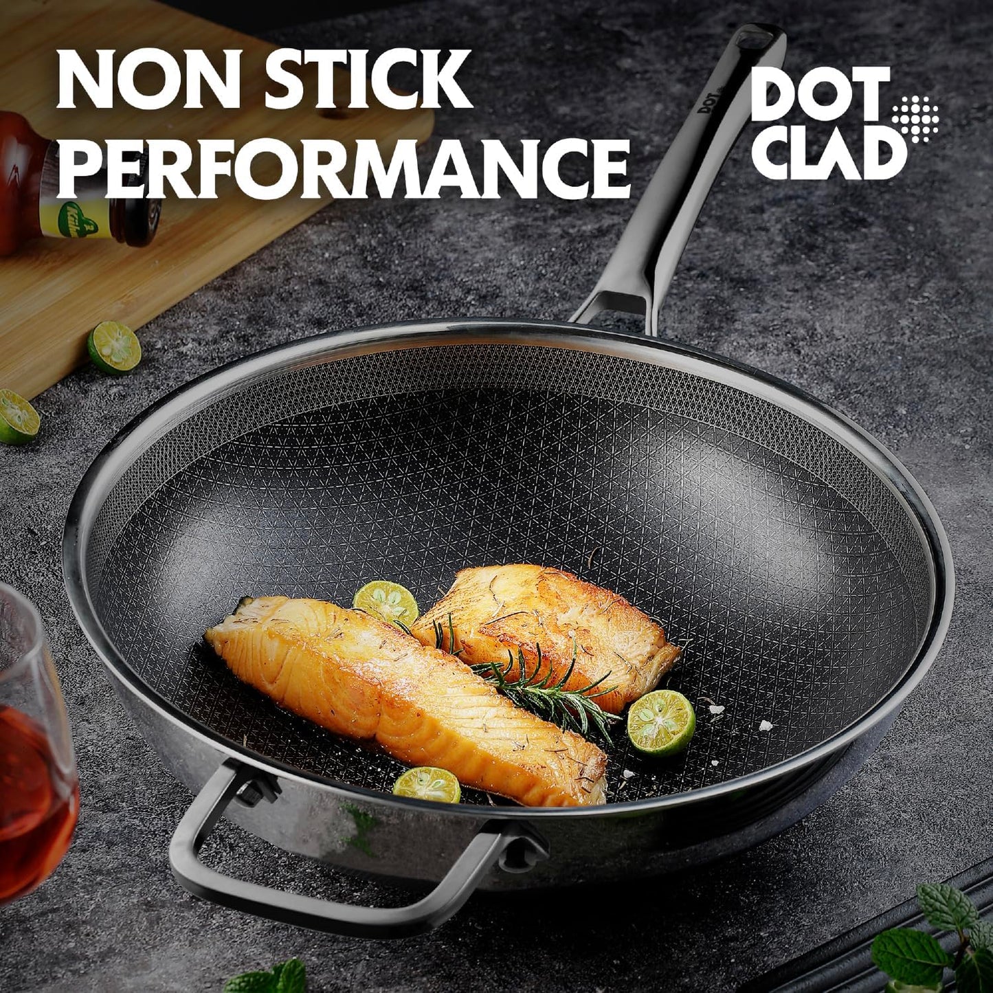 Wok pan,Hybrid 12 inch Wok with Lid, PFOA Free Cookware,non stick Stainless Steel Woks & Stir-fry pans Nonstick, Dishwasher and Oven Safe, Works on Induction