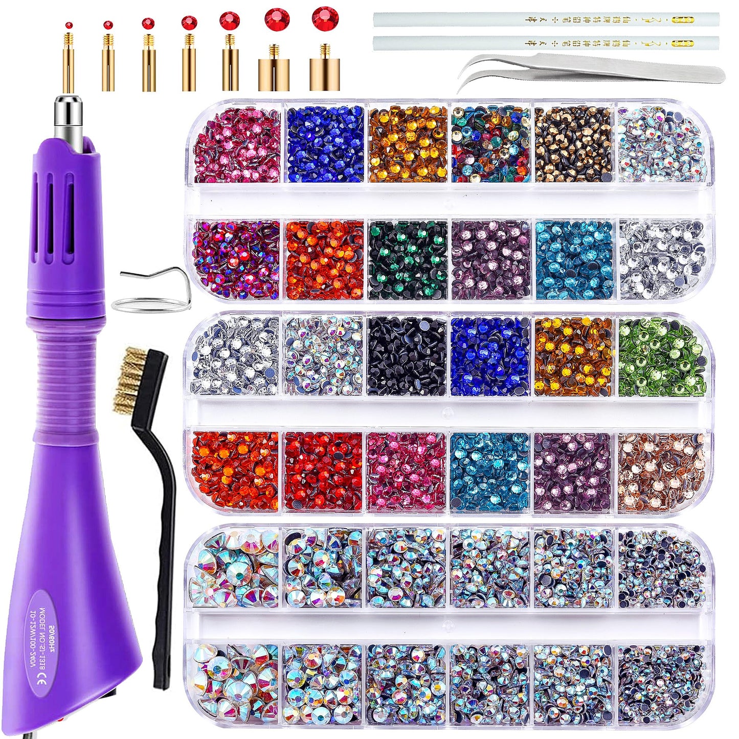 blinginbox Hotfix Applicator Tool DIY Hot Fix Rhinestone Setter Hot Fixed Kit 6000 Pcs 30/20/16/12/10/6SS 16 Colors Bigger Crystal Gems Picker Bedazzler Kit with Rhinestones Bedazzler Gun