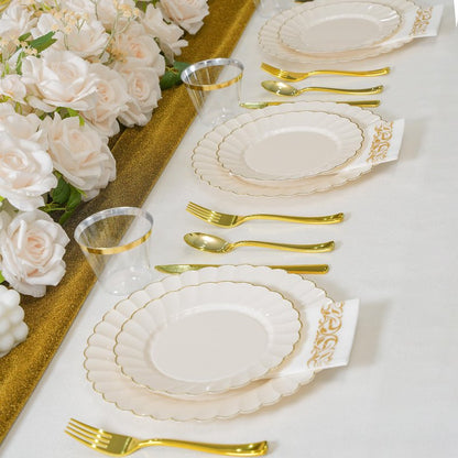 ISFANGCO175PCS Ivory Fancy Disposable Dinnerware Set-Ivory Scalloped Plastic Plates with Gold Rim -25 Dinner&25Dessert Plates, 75 Silverware Set, 25 Napkins and 25 Cups（25 Guests）