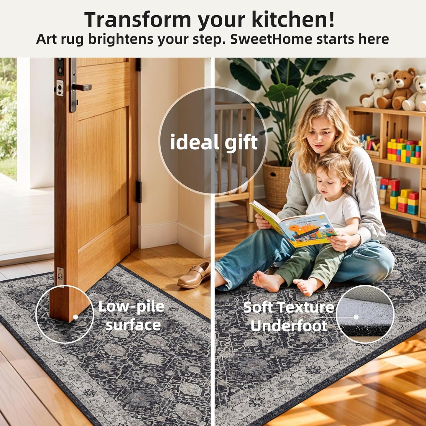 Skiennix Kitchen Rug Set - Farmhouse Washable Non-Slip Mats for Sink & Stove | Soft Cozy Runners (2x3, 2x4, 2x5, Black)