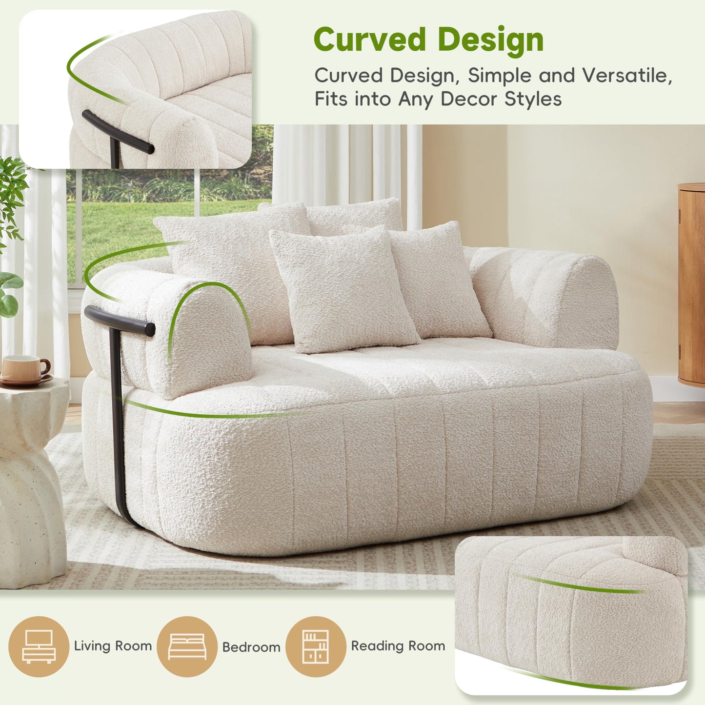 GDFStudio 64" Boneless Chair Indoor, Oversized Accent Chair with Deep Seat, Boucle Upholstered Big Comfy Couch Single Sofa, Modern Boneless Chaise Lounge Couch Chair for Living Room Bedroom, Beige