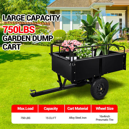 Heavy Duty Utility Dump Cart – 9000 Lbs Capacity, 15 Cu.ft Steel Trailer with Removable Sides, All-Terrain Wheels, Compatible with ATV/UTV/Lawn Tractor, Ideal for Garden, Yard, Hauling