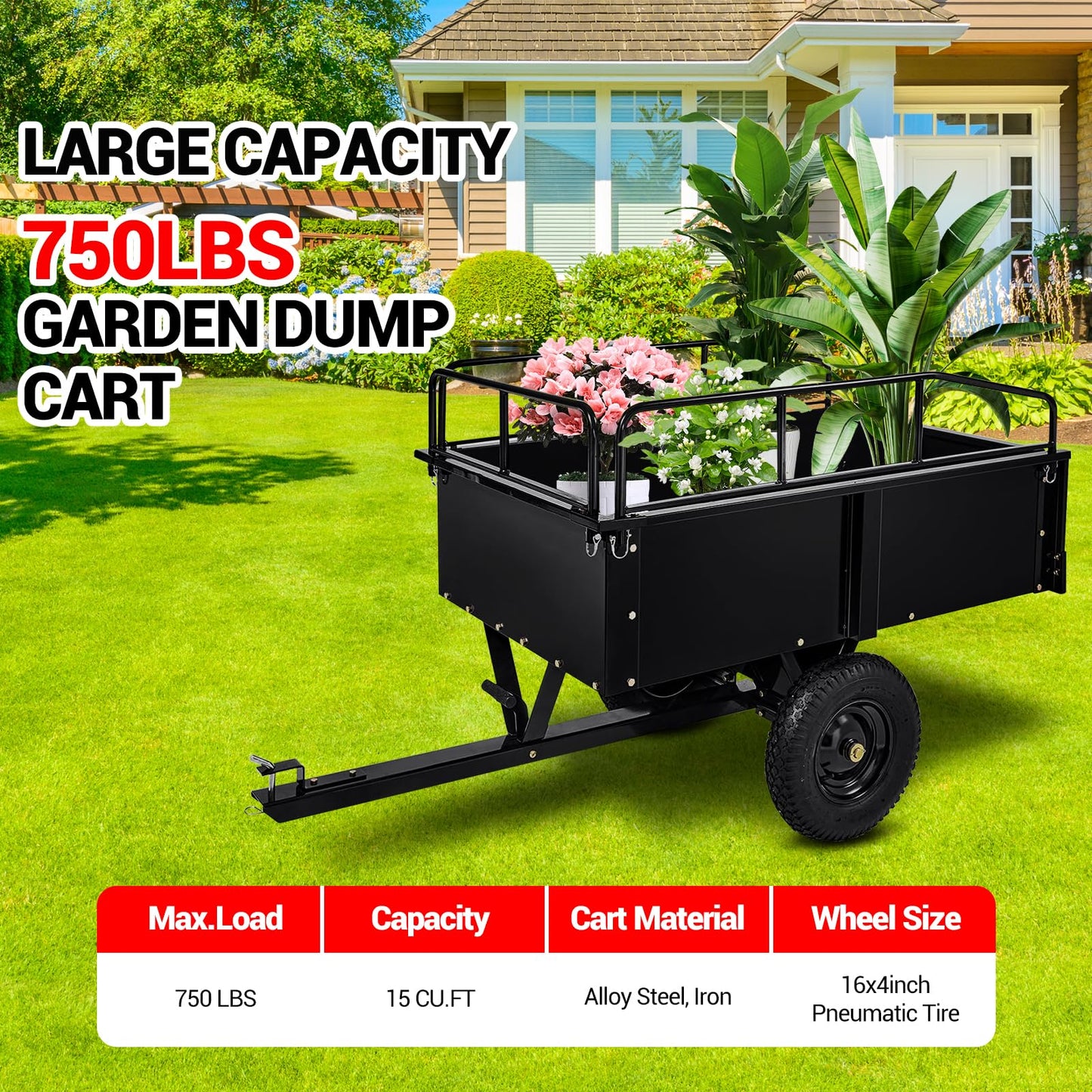 Heavy Duty Dump Cart ATV/UTV Trailer, 1600 Lb with Removable Sides & All Terrain Tires Lawn Mower- Gardening Equipment for Yard, Lawn, and Outdoor Use