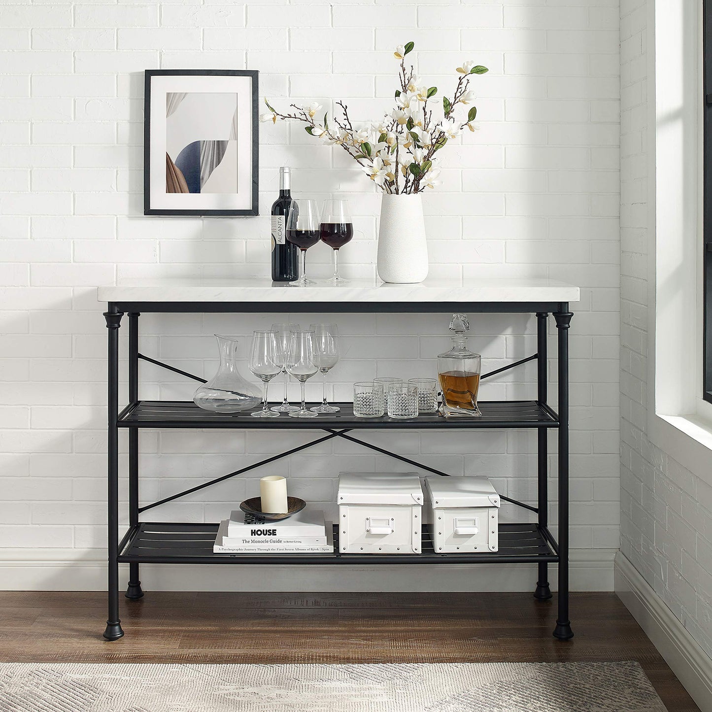 Crosley Furniture Madeleine Sofa Console Table with Storage Shelves for Hall, Entryway, or Living Room, Steel with Faux Marble Top