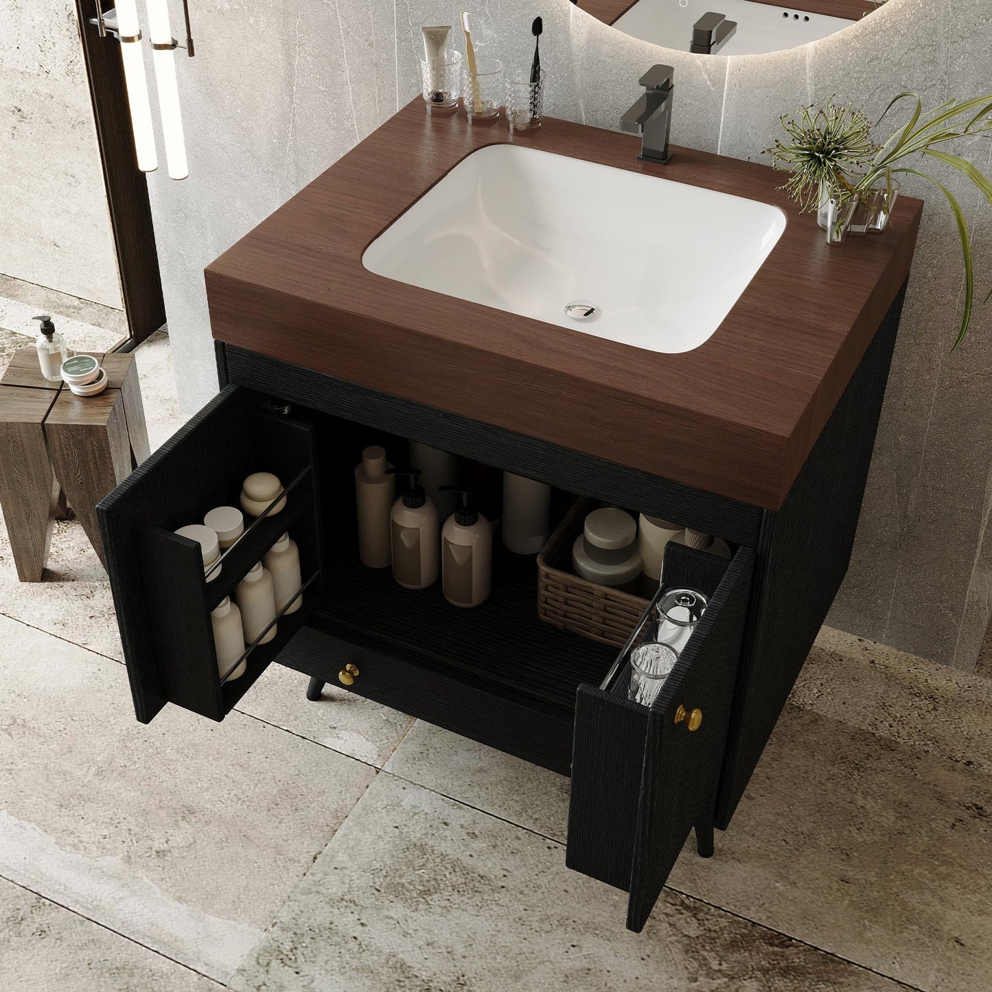 KEIKI 30 Inch Freestanding Bathroom Vanity with Sink, Retro Storage Cabinet with Double Door and Drawer, Waterproof Wood Panel, Faux Marble Top & Ceramic Basin Combo Set, Black & Walnut