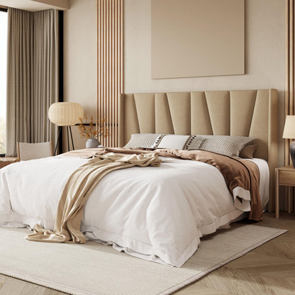 Allewie King Size Platform Bed Frame with Geometric Wingback Headboard, Boho Upholstered Bed with Wooden Slats Support, No Box Spring Needed, Easy Assembly, Beige