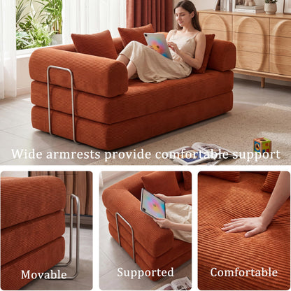 53.15"Boneless Couch,4-in-1 Futon Sofa Bed Modular Loveseat Sleeper Folding Compressed Couch with Pillows,No Assembly Required Convertible Sofa Bed for Living Room Bedroom Guest Room,Orange
