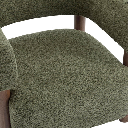 Merax Bouclé Upholstered Accent Arm Chair, Modern Lounge Armchair with Rubber Wood Legs and Foam Cushion, Comfortable Barrel Reading Chair for Living Room Bedroom, Olive Green/Walnut