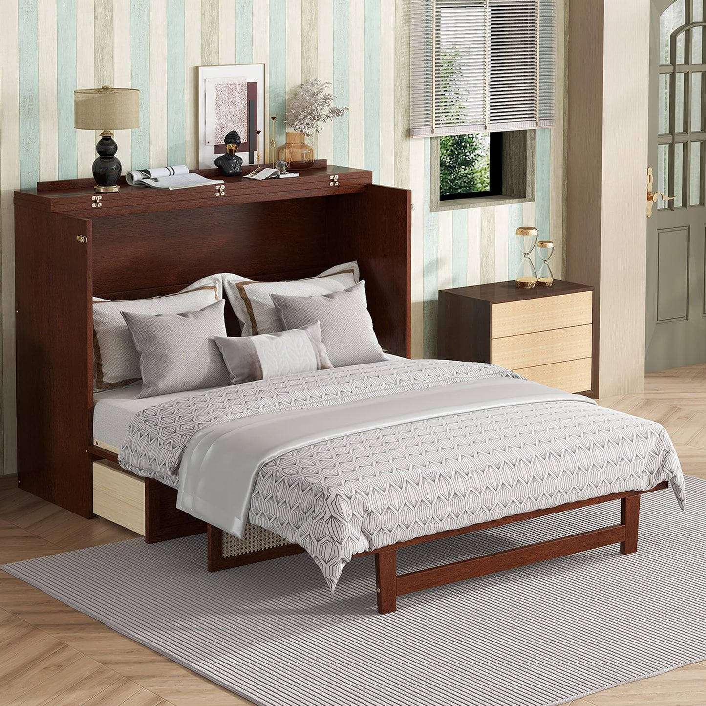Queen Size Murphy Bed Cabinet with Rattan Panel,Pine Wood Cabinet Bed with Storage Drawer,Space-Saving Foldable Beds with Integrated Platform,Convertible Guest Beds for Bedroom Living Room,Walnut