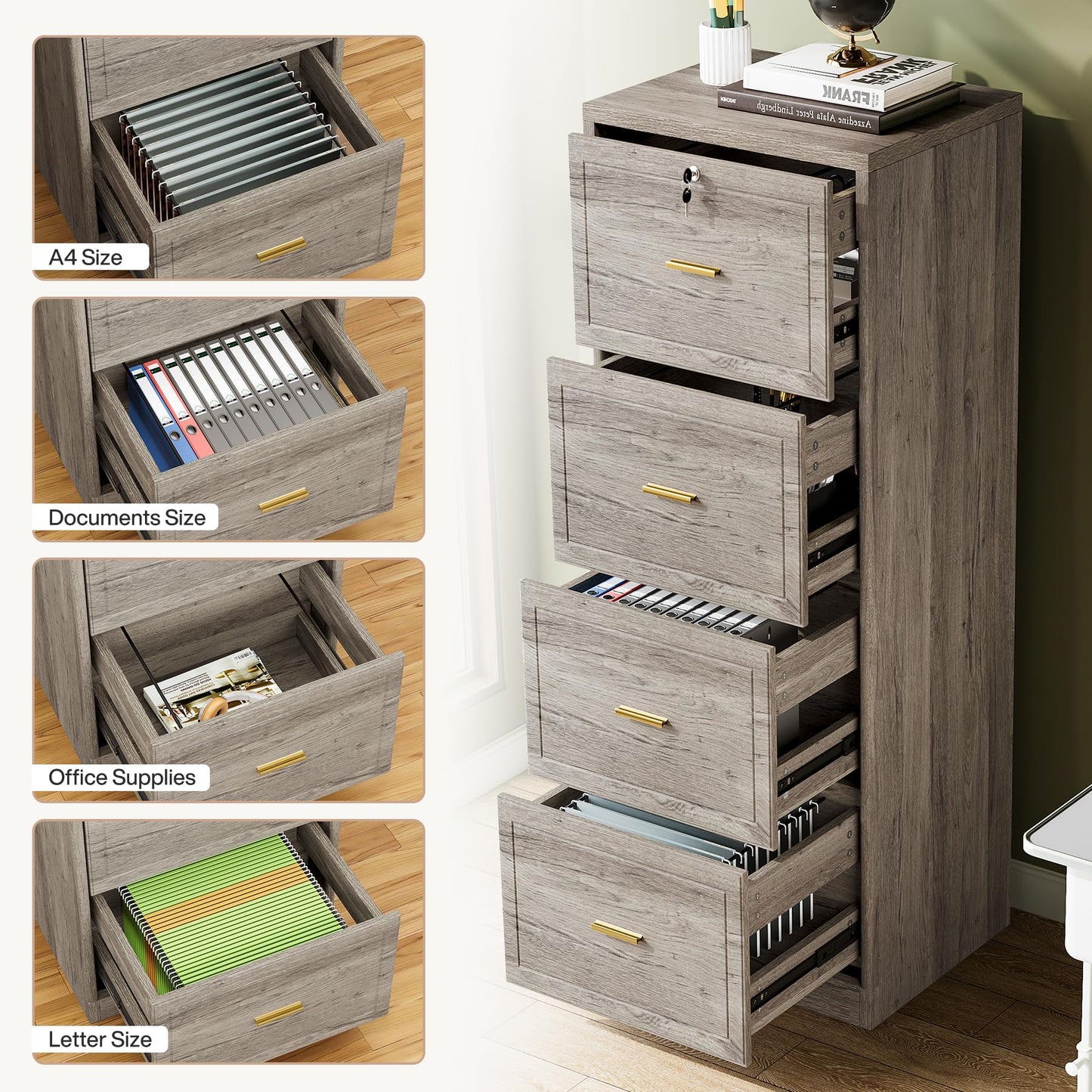 Tribesigns 4-Drawer File Cabinet with Lock, Locked File Cabinet with Key, Tall Wooden Filing Cabinets for Home Office, Vertical Office Storage for Legal Size/Letter/A4/Files, Grey