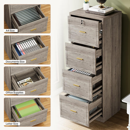 Tribesigns 4-Drawer File Cabinet with Lock, Locked File Cabinet with Key, Tall Wooden Filing Cabinets for Home Office, Vertical Office Storage for Legal Size/Letter/A4/Files, Grey
