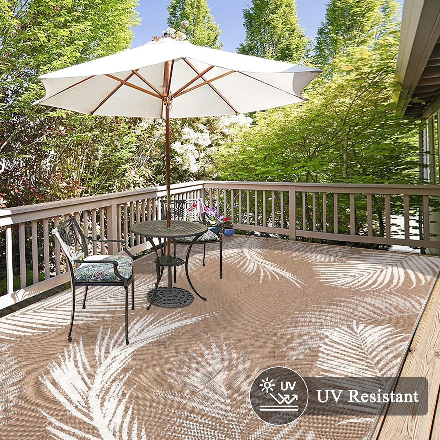 Pauwer Waterproof Outdoor Rug 10x14, Reversible Plastic Straw Patio Camping Rug, Indoor Outdoor RV Mat Carpet for Deck, Camper, Porch, Balcony, Backyard, Picnic, Leaf Brown