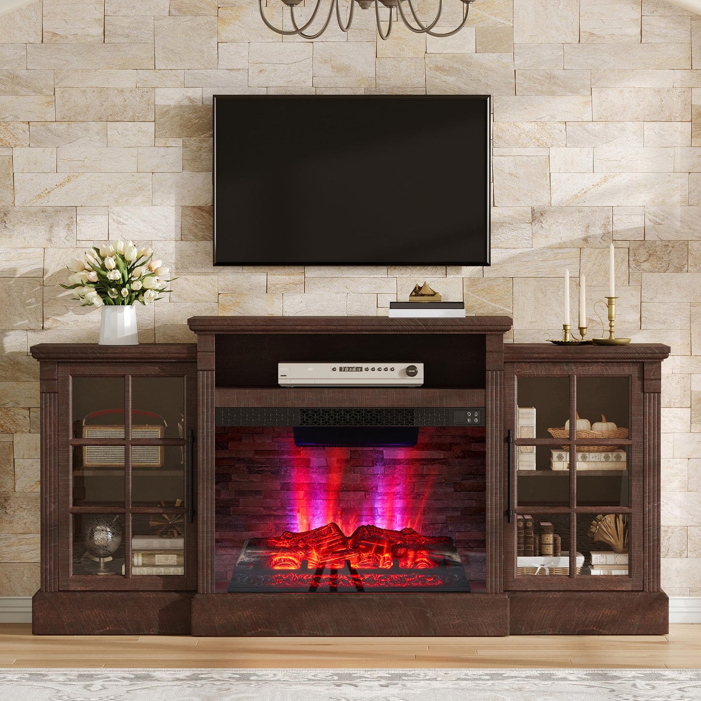 AMERLIFE 70" Farmhouse Fireplace TV Stand for TVs up to 80", Media Console with Storage Cabinets & Adjustable Shelves, Entertainment Center with 28" Electric Fireplace for Living Room, Rustic Brown