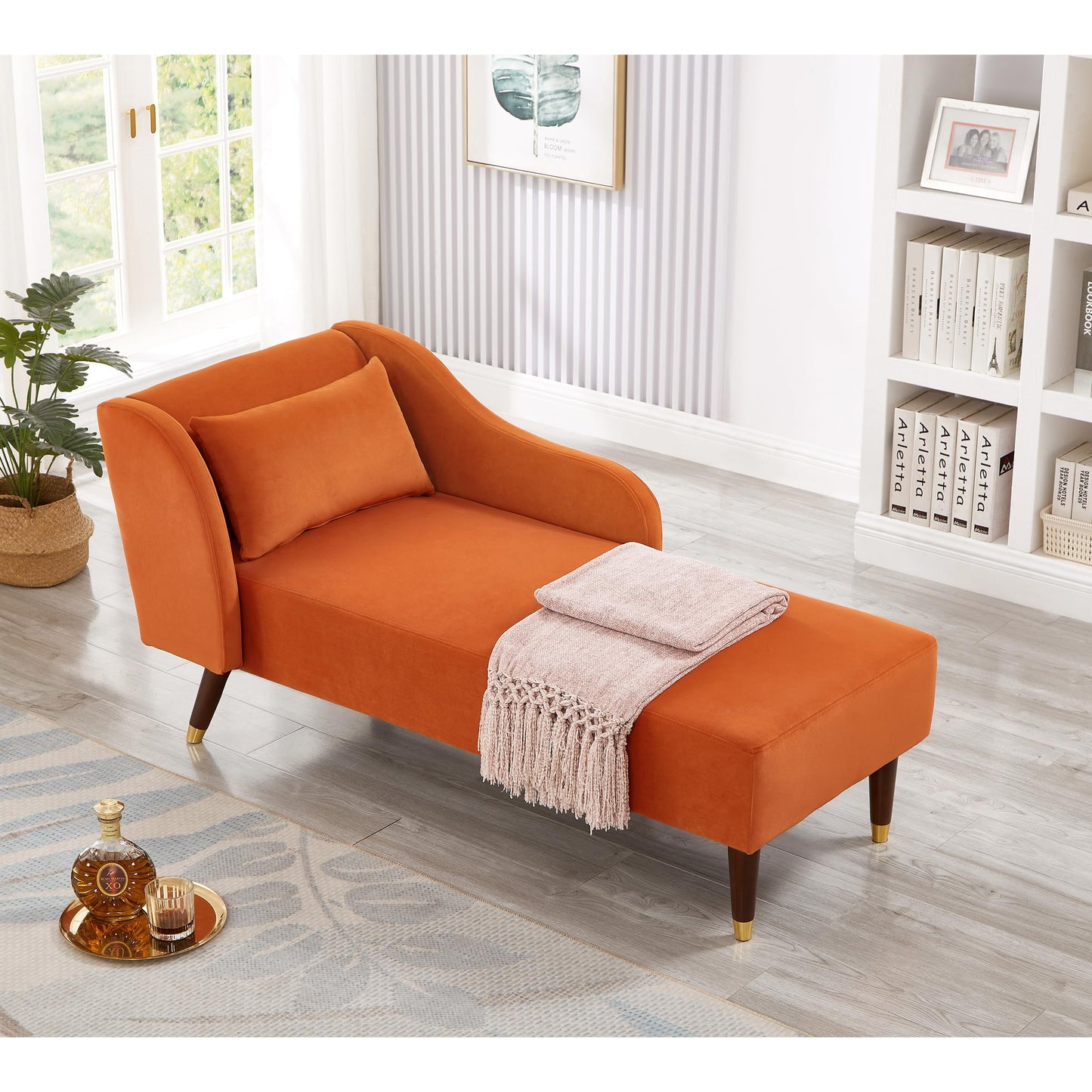 GDFStudio Upholstered Chaise Lounge Chair Indoor, Modern Velvet Recliner Lounge Chair with Removable Pillows, Gold Wood Legs, Backrest & Armrest, Reading Chaise Chair for Living Room Bedroom, Orange