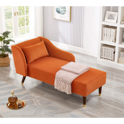 GDFStudio Upholstered Chaise Lounge Chair Indoor, Modern Velvet Recliner Lounge Chair with Removable Pillows, Gold Wood Legs, Backrest & Armrest, Reading Chaise Chair for Living Room Bedroom, Orange