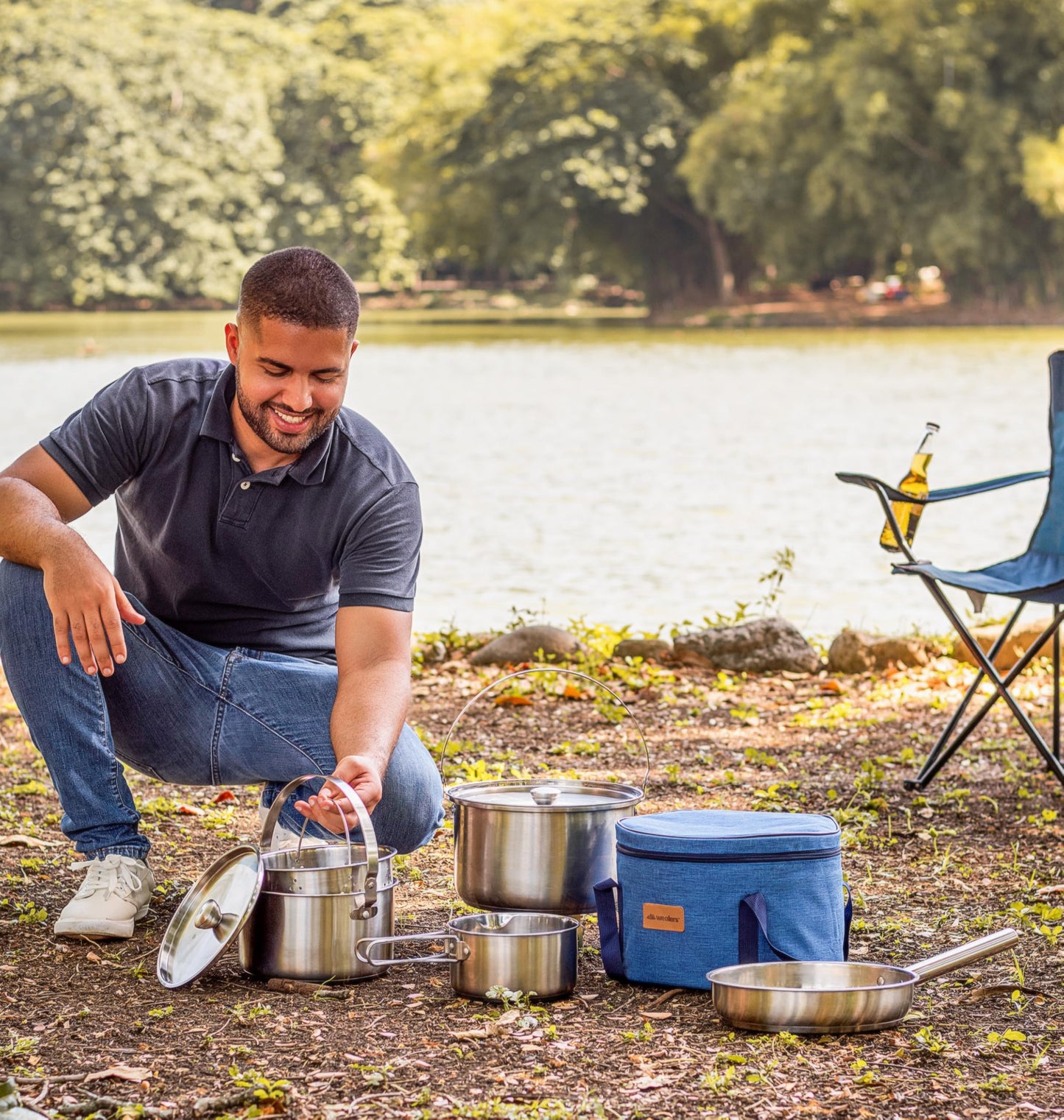 Camping Cookware Set 304 Stainless Steel 8-Piece Pots & Pans Open Fire Cooking Kit | Frying Pan Steamer with Travel Tote Bag | Compact For Outdoors & Indoors Kitchen Family Campfire Hiking RV