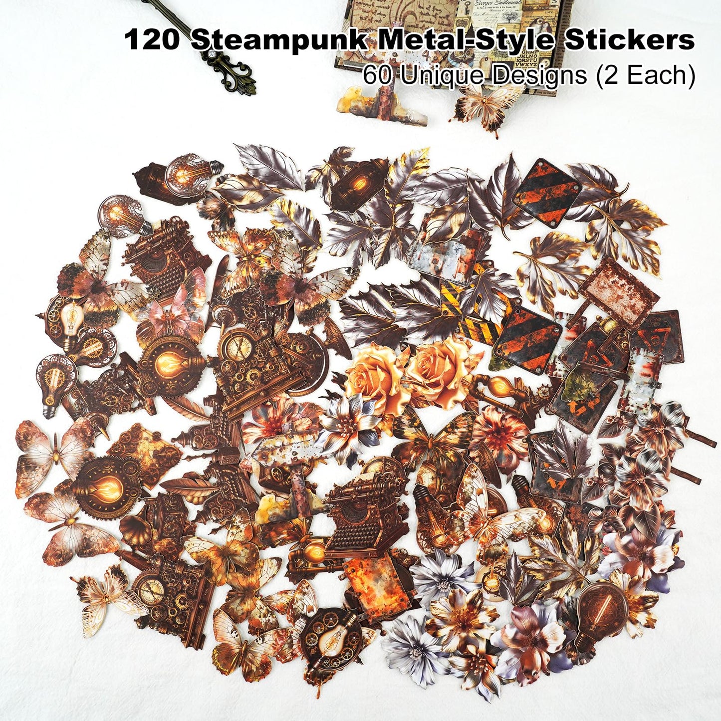 Moriquill 120PCS Steampunk Vintage Stickers – Die-Cut Antique Gears, Bulbs & Butterflies with No-White Edge Cardstock for Scrapbooking, Journaling and DIY Crafts