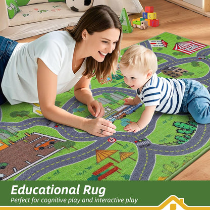 32"x60" BEQHAUSE Kids Play Mat, Green City Map Race Track Children Rugs Great for Playing with Cars, Play Area Rug Road