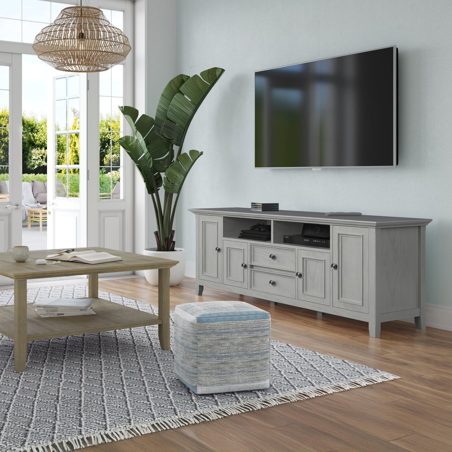 SIMPLIHOME Amherst TV Stand - 72 inch Wide Solid Wood Media Console in Fog Grey, Transitional Entertainment Center for Living Room for TVs up to 80 Inches with Shelves and Cable Management