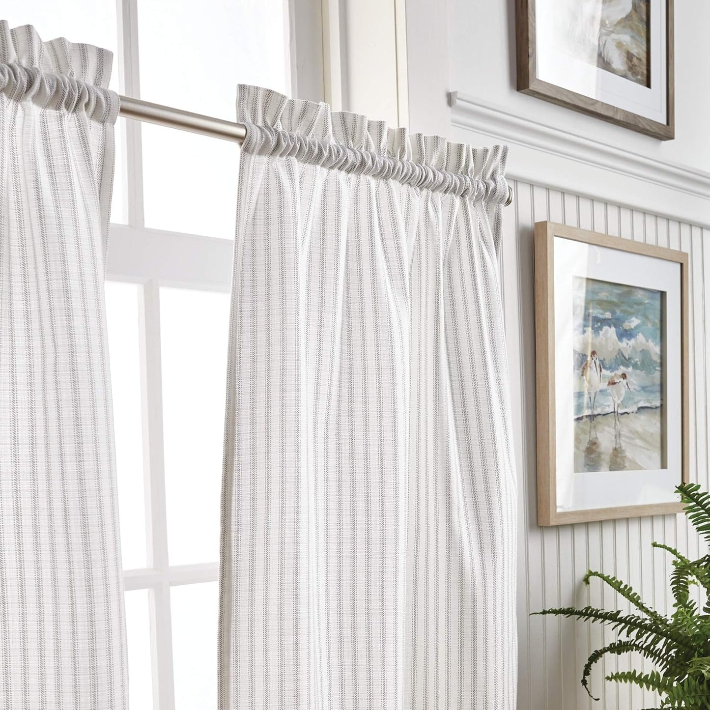 Martha Stewart Ticking Stripe 3-Piece Window Curtain Set - Valance and Tiers, White Grey