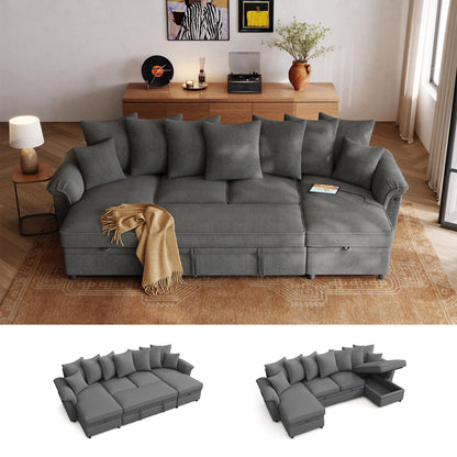 LINSY HOME Oversized Sectional Sleeper Sofa with Pull Out Couch Bed (Gray, 118.5'')