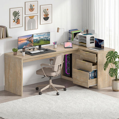 Meowloday 78'' Fluted Executive L Shaped Desk, Modern Home Office Desk with File Drawer and Charging Station, Computer Corner Desks with Storage Cabinet for Office Home, Bedroom, Natural Oak