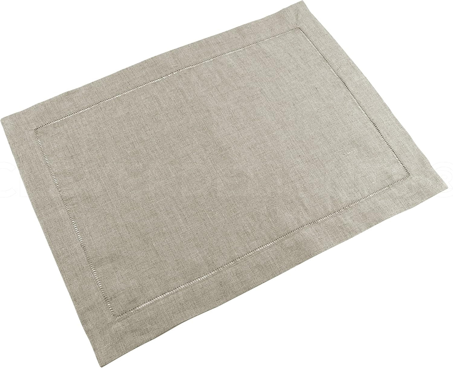 CleverDelights Natural Linen Hemstitched Placemats - 6 Pack, 14" x 20"