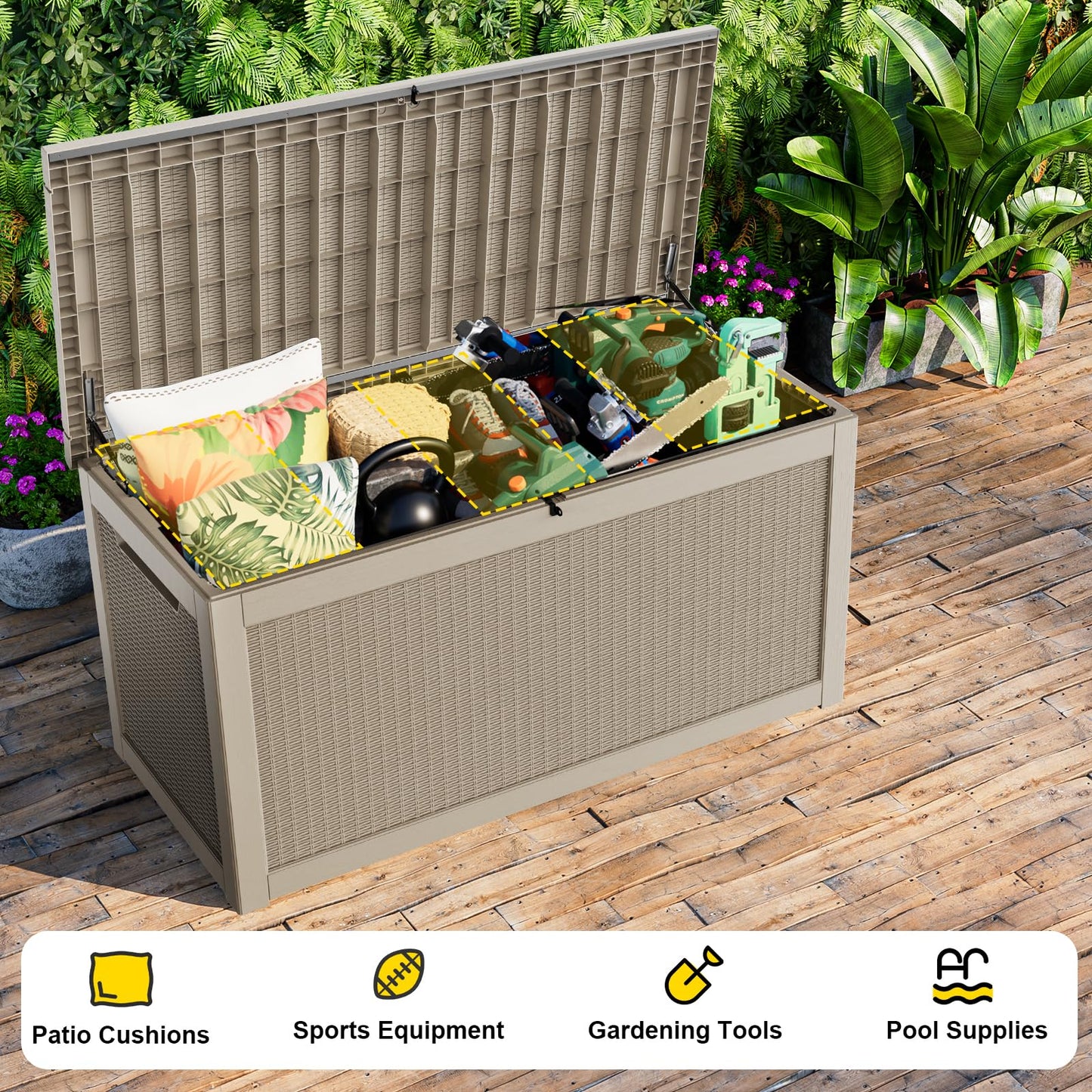 MAIUSCOLI Outdoor Waterproof Resin Storage Deck Box Lockable Outside Bench UV Resistant Bin Patio Porch Furniture Pool Float Garden Tool Cushion (Grey, 320 Gallon)