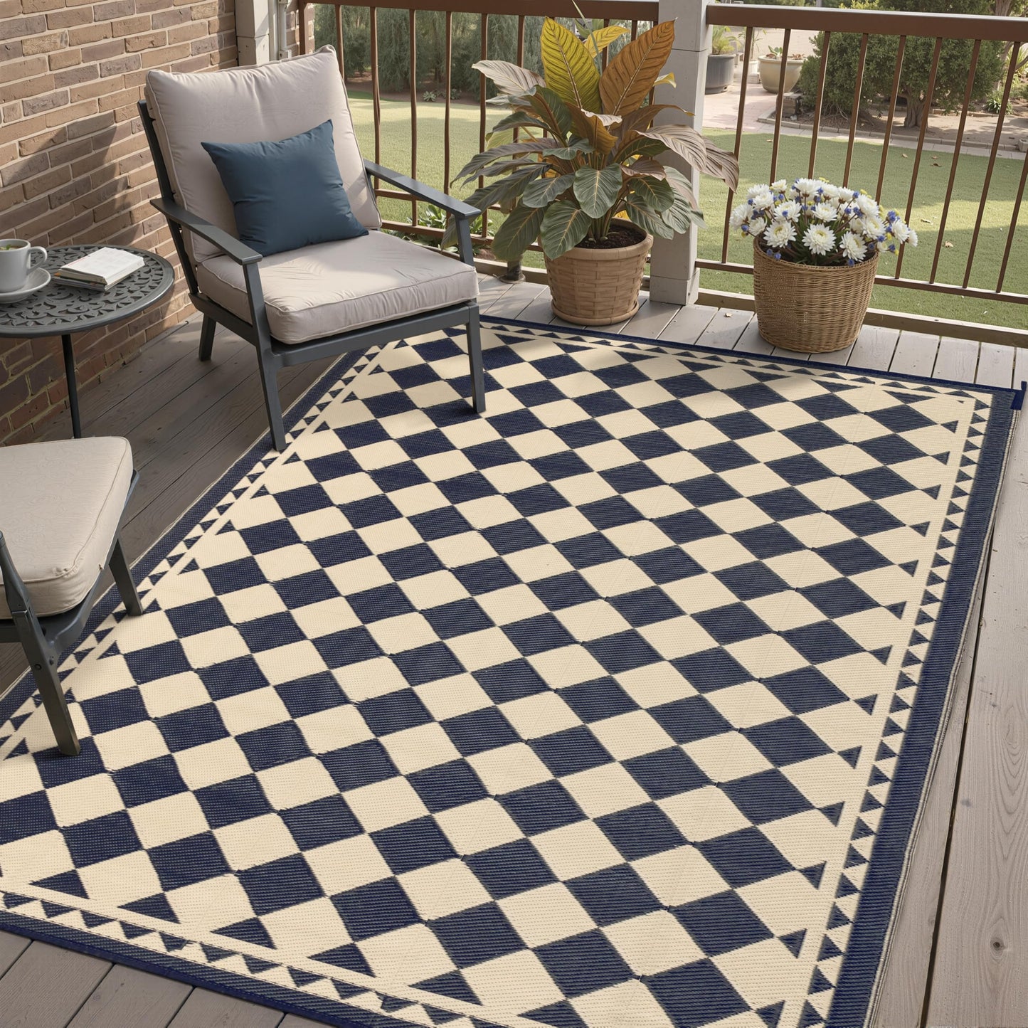HUGEAR Outdoor Rug for Patios Clearance,Waterproof Mat,Large Outside Carpet,Reversible Plastic Straw Camping Rugs,Rv,Porch,Deck,Camper,Balcony,Backyard (5x8,Checkered/Black&Beige)