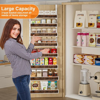 Clothink 8 Tier Over The Door Pantry Orangizer 2 IN 1 Wall Mounted or Hanging Spice Rack with Adjustable Wood Basket,Heavy Duty Seasoning Storage Shelf for Kitchen Pantry and Bathroom