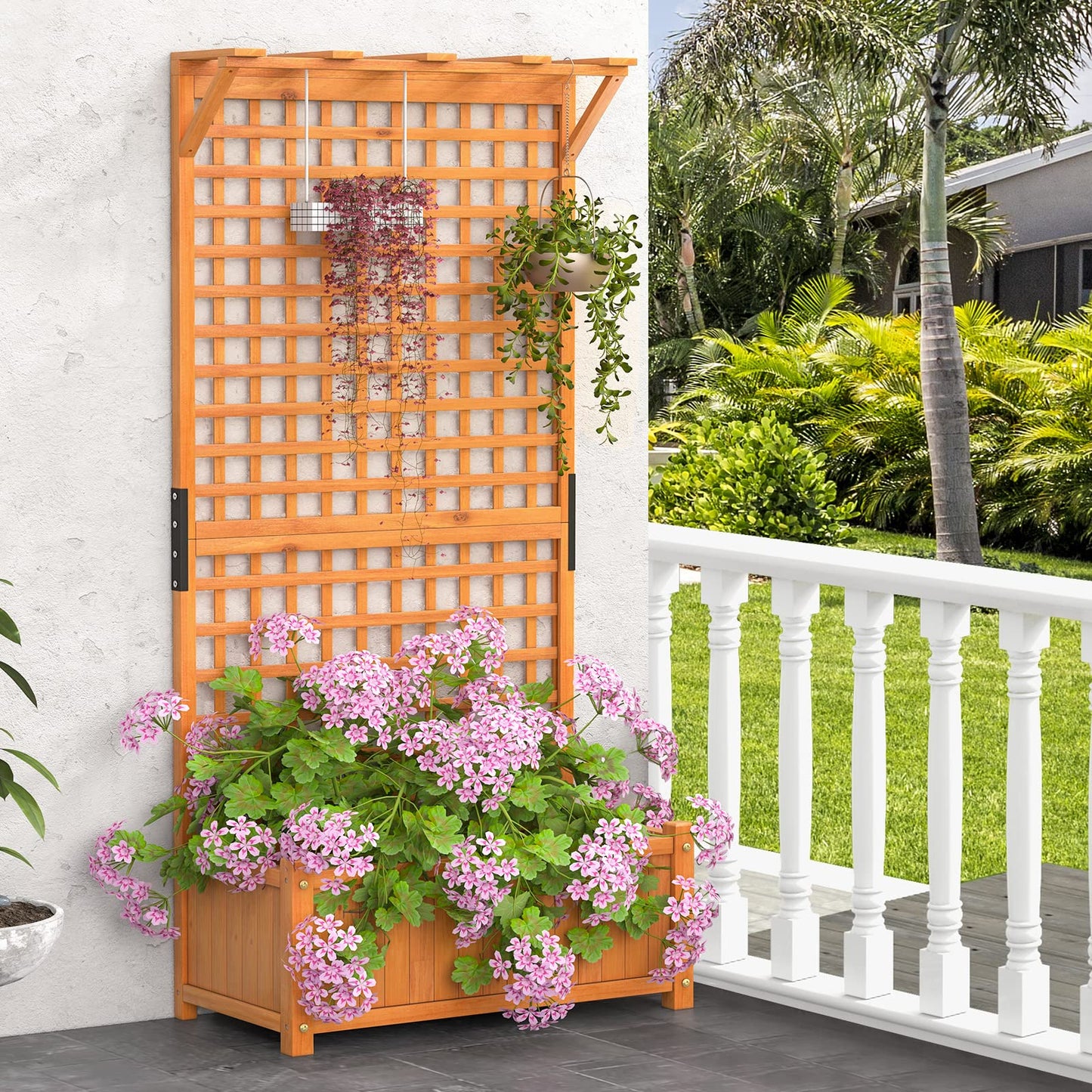 COSTWAY Raised Garden Bed with Trellis, Indoor & Outdoor Wooden Planter Box with Hanging Roof, Drainage Holes, Freestanding Vertical Planter for Vines, Climbing Plants, Flowers, Vegetables