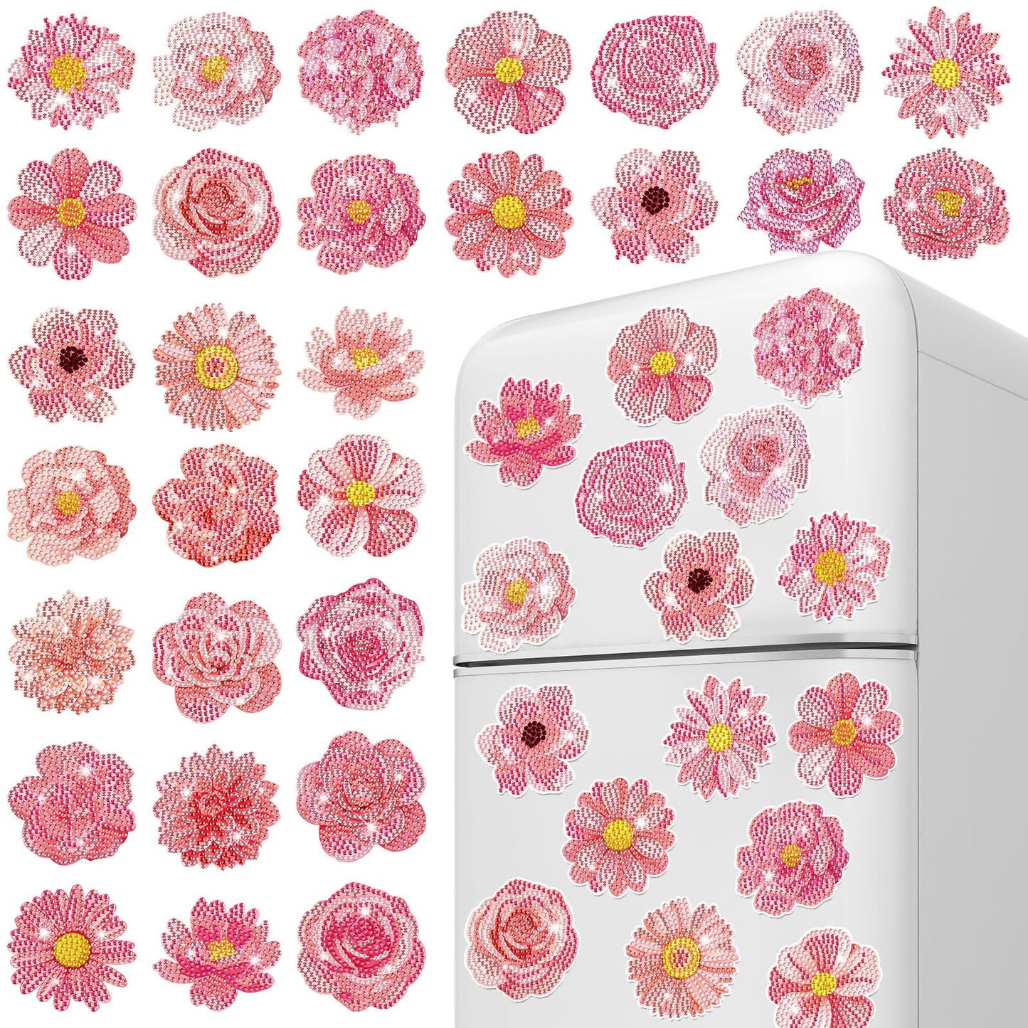 Copkim 30 Pcs Diamond Art Magnets Refrigerator Easy Art Kits Fridge Diamond Painting Magnets Stickers for Adults DIY Home Decors Flower Butterfly(Pink Flower)